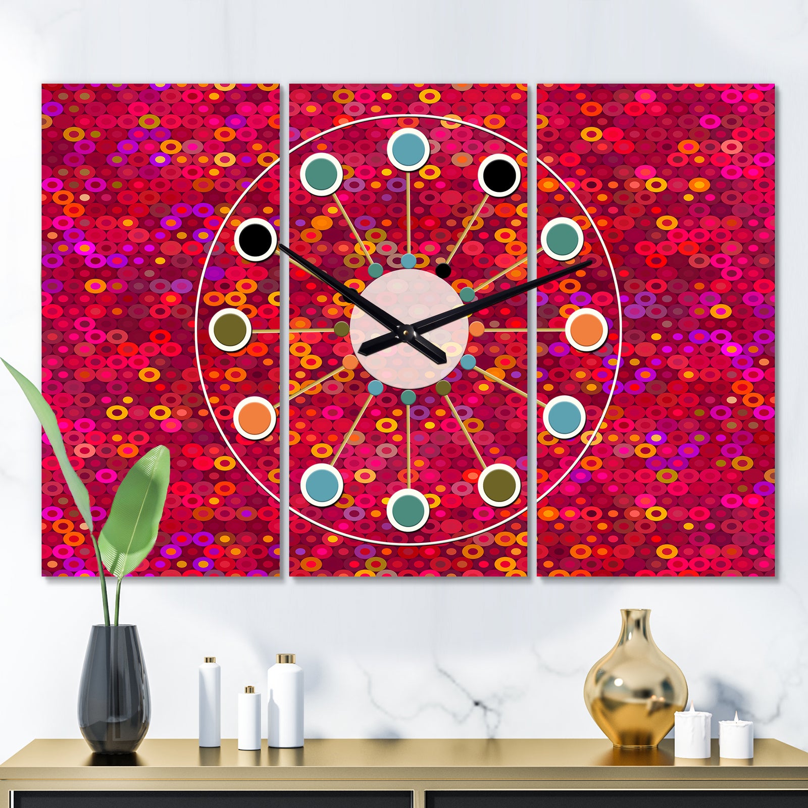Circular Retro Design III - Oversized Mid-Century wall clock - 3 Panels