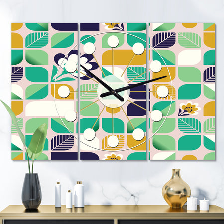 geometric pattern with leaves and flowers - Oversized Mid-Century wall clock - 3 Panels