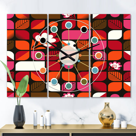 Geometric Retro Flower Design I - Oversized Mid-Century wall clock - 3 Panels