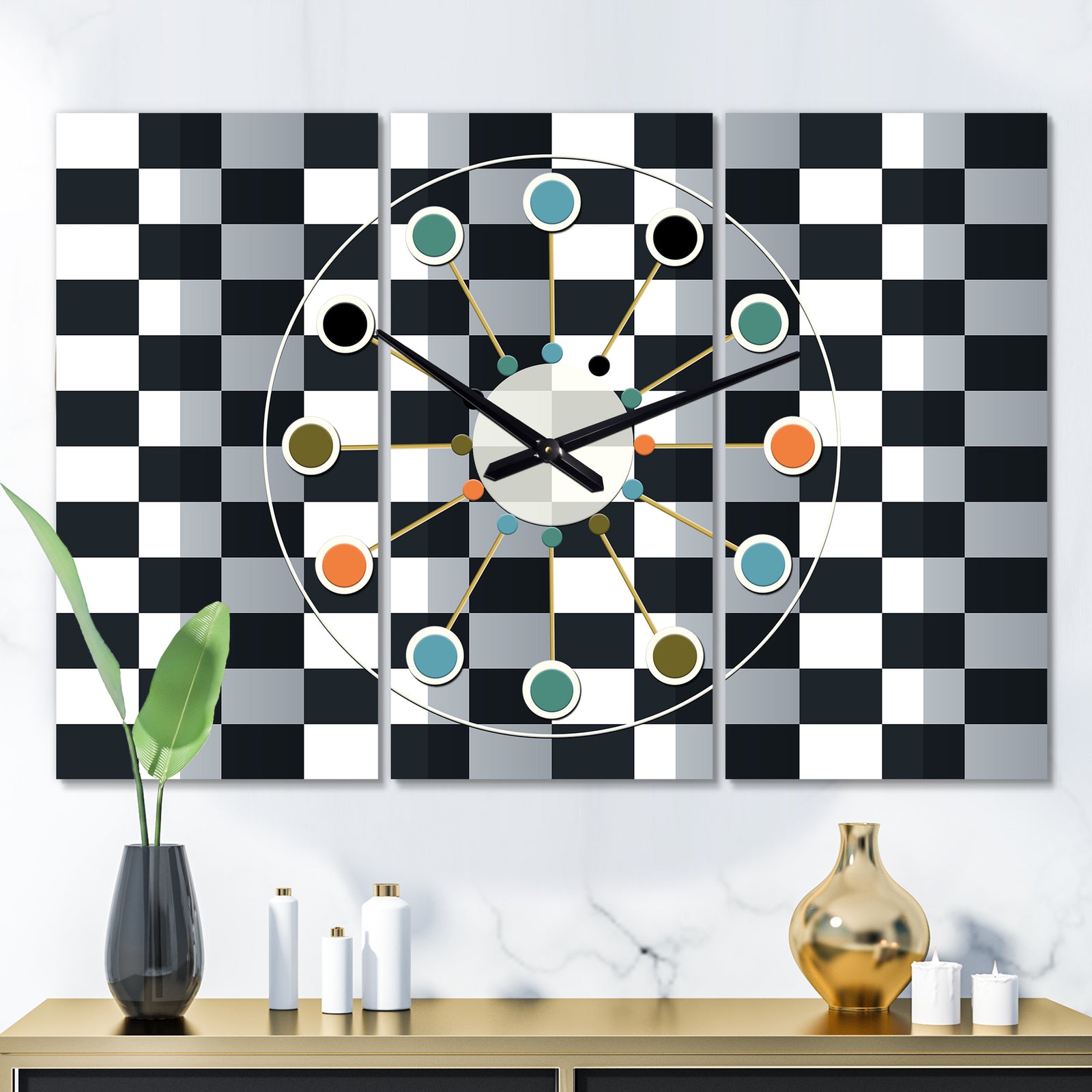 Geometric Monochrome Pattern I - Oversized Mid-Century wall clock - 3 Panels