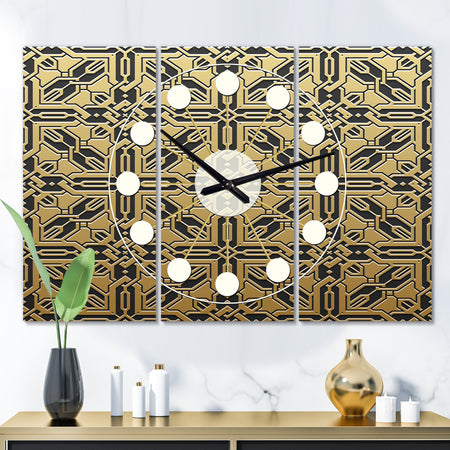 Golden Luxury Metallic Geometrics  XI - Oversized Mid-Century wall clock - 3 Panels