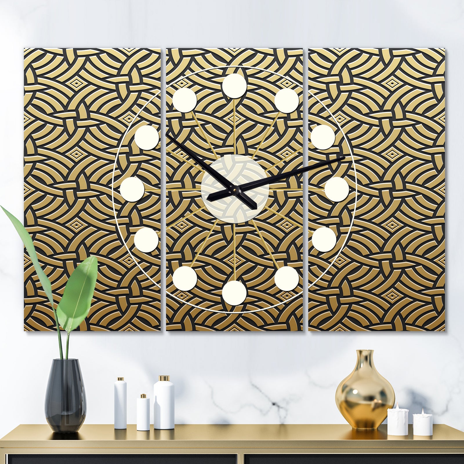 Golden Luxury Metallic Geometrics  XXI - Oversized Mid-Century wall clock - 3 Panels