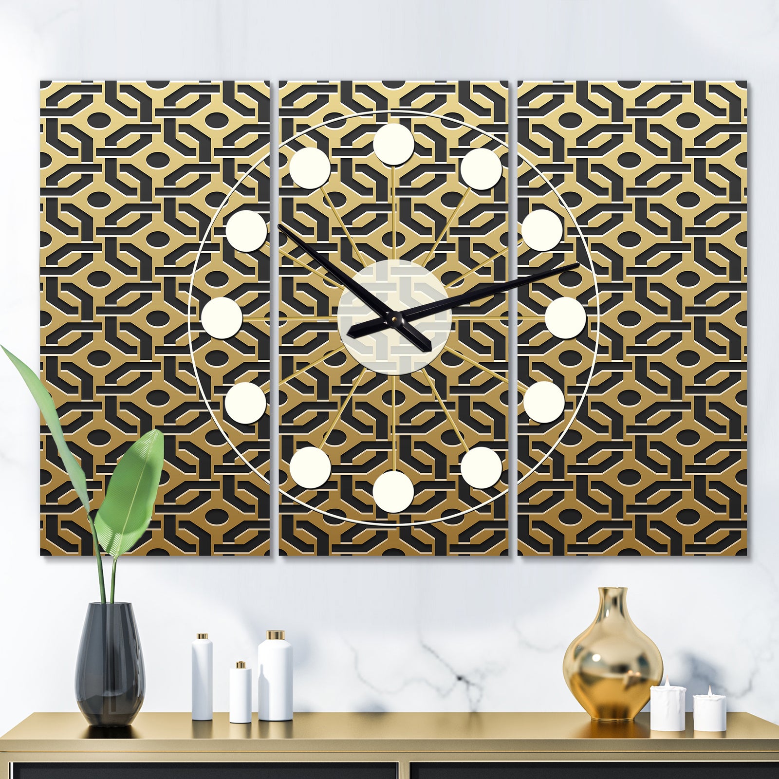 Golden Luxury Metallic Geometrics III - Oversized Mid-Century wall clock - 3 Panels