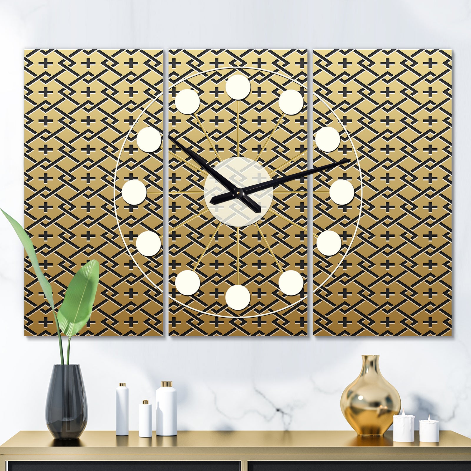 Golden Luxury Metallic Geometrics  XVIII - Oversized Mid-Century wall clock - 3 Panels