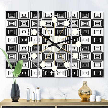 Monochrome Geometric Pattern XI - Oversized Mid-Century wall clock - 3 Panels