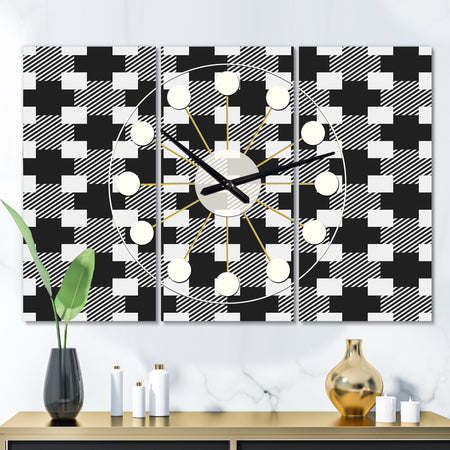 Geometric Monochrome Pattern II - Oversized Mid-Century wall clock - 3 Panels