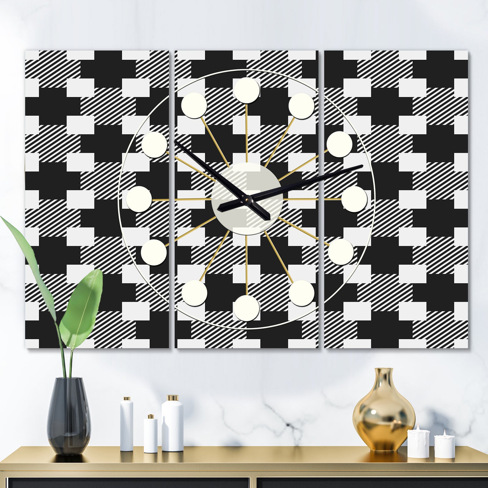 Geometric Monochrome Pattern II - Oversized Mid-Century wall clock - 3 Panels