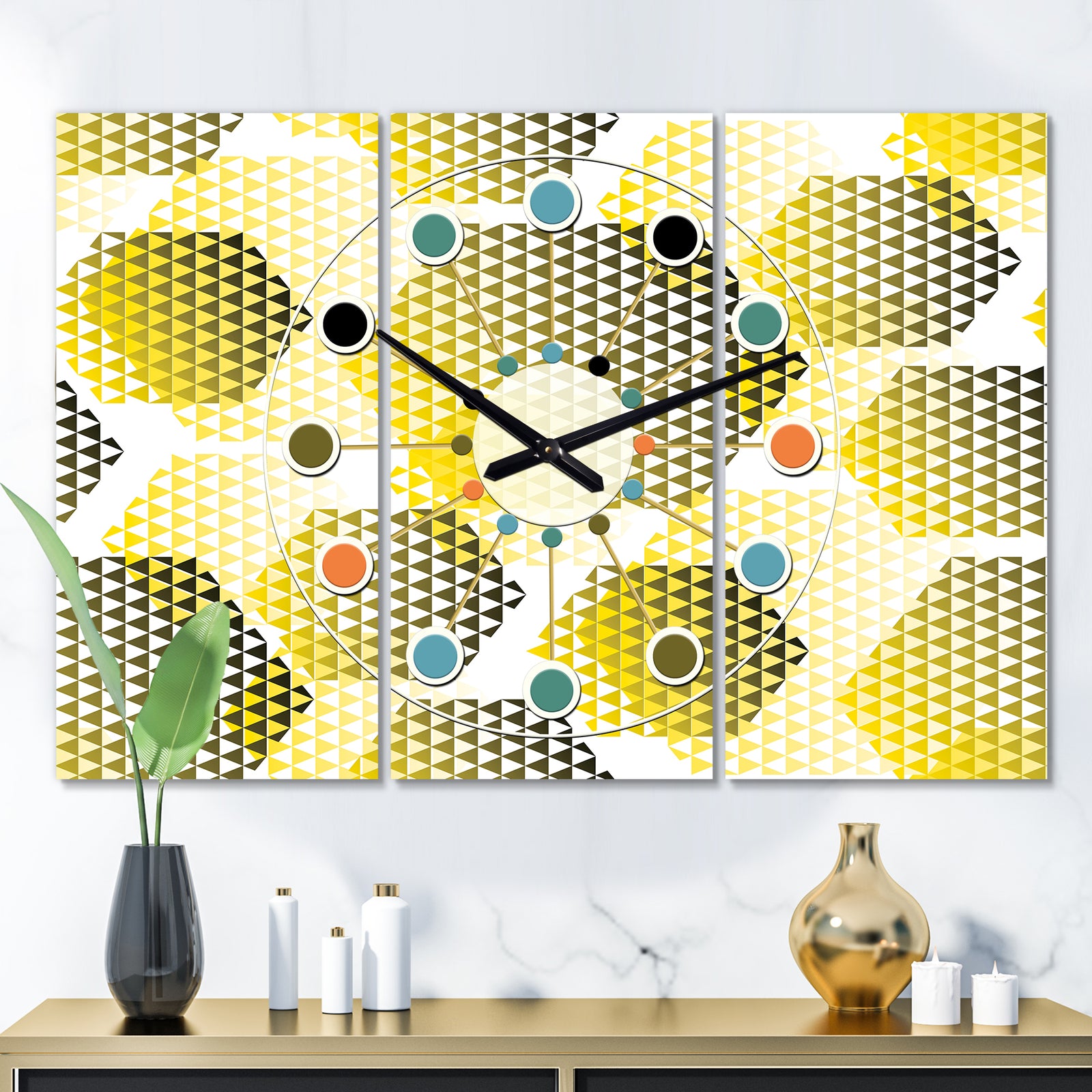 Retro Hexagon Pattern XI - Oversized Mid-Century wall clock - 3 Panels