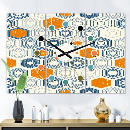 Retro Hexagon Pattern IX - Oversized Mid-Century wall clock - 3 Panels