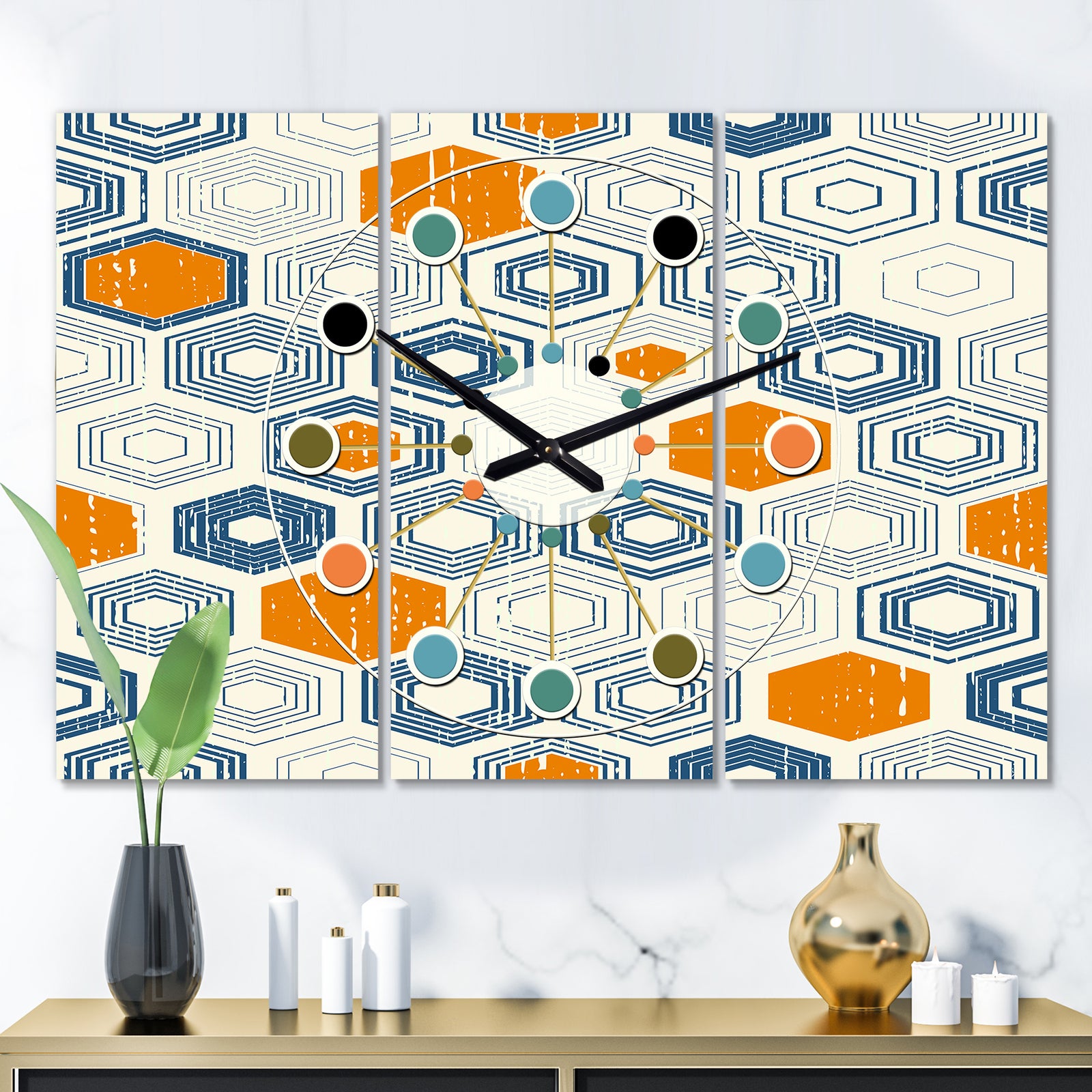 Retro Hexagon Pattern IX - Oversized Mid-Century wall clock - 3 Panels