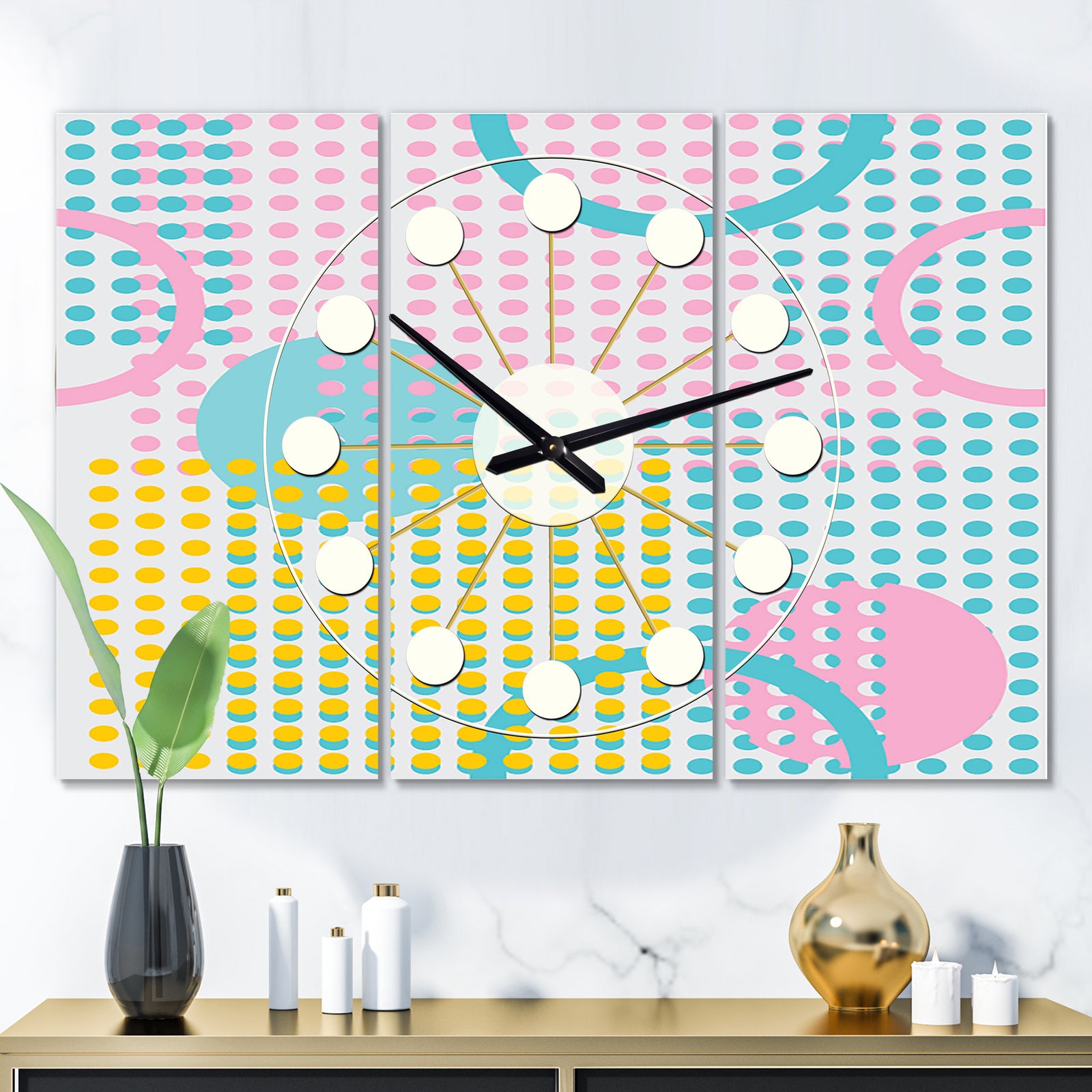 Circular Retro Geometry I  - Oversized Mid-Century wall clock - 3 Panels