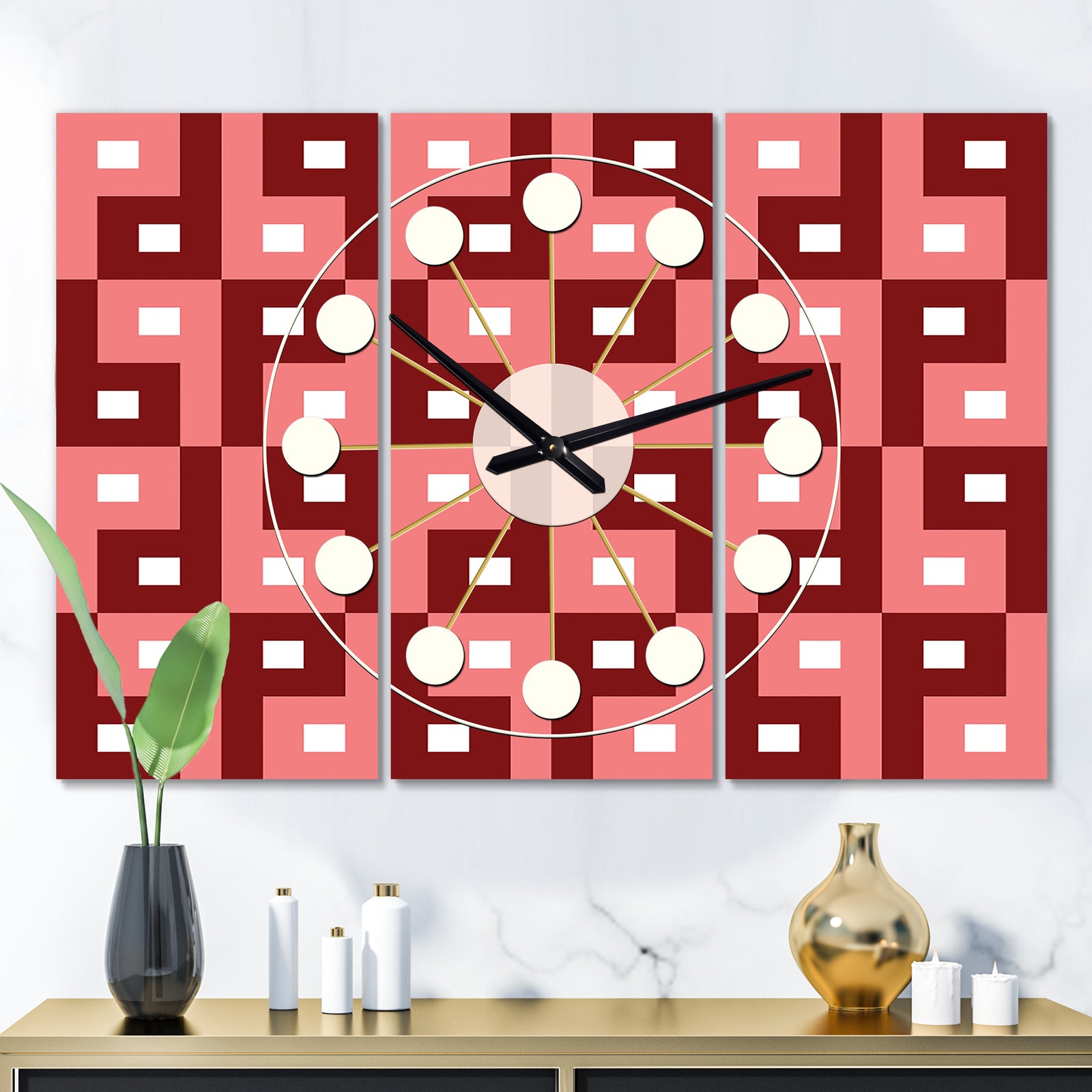 Retro Abstract Pattern Design IV - Oversized Mid-Century wall clock - 3 Panels