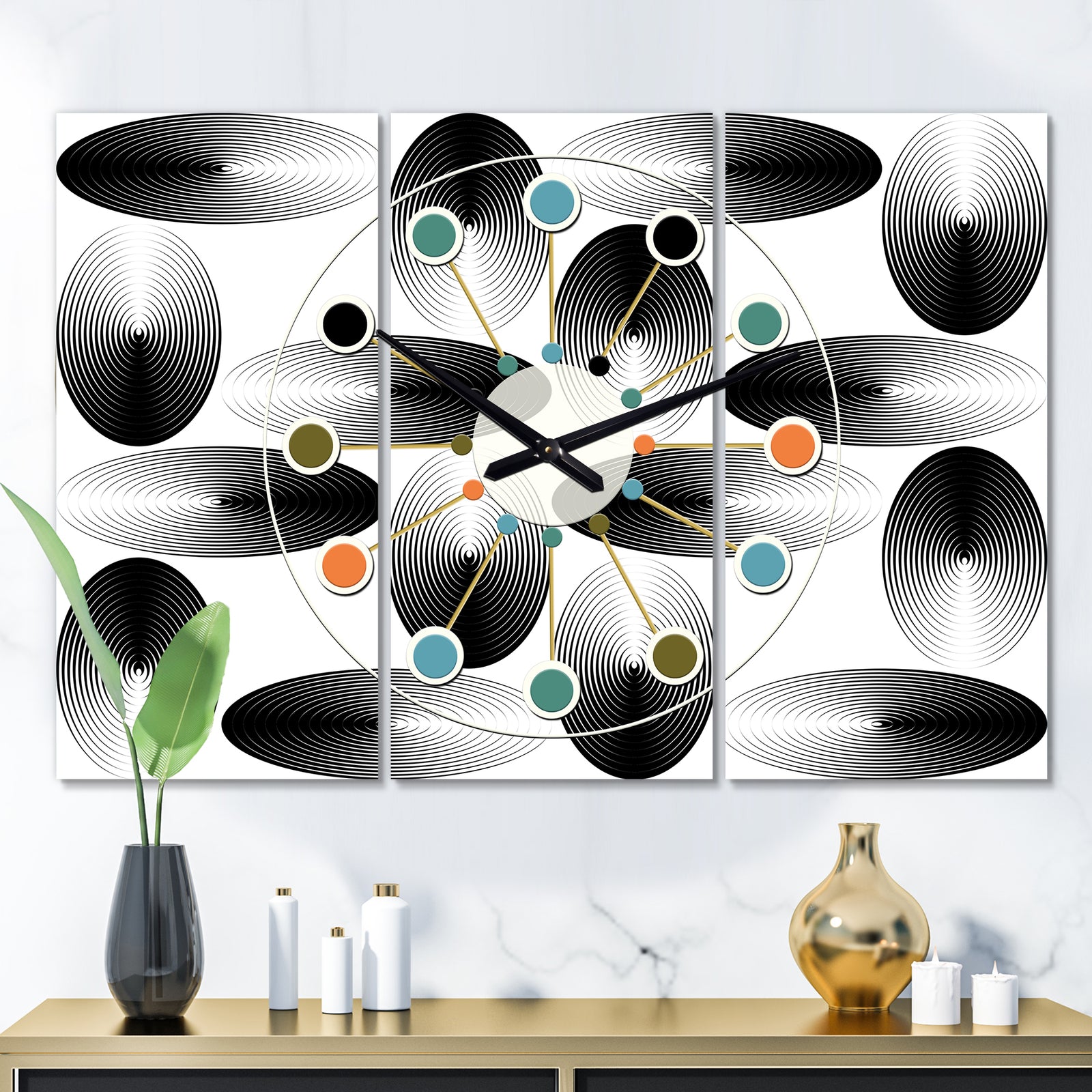 Retro Geometrical Abstract Pattern IV - Oversized Mid-Century wall clock - 3 Panels