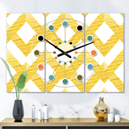 Gold glittering lines pattern - Oversized Mid-Century wall clock - 3 Panels