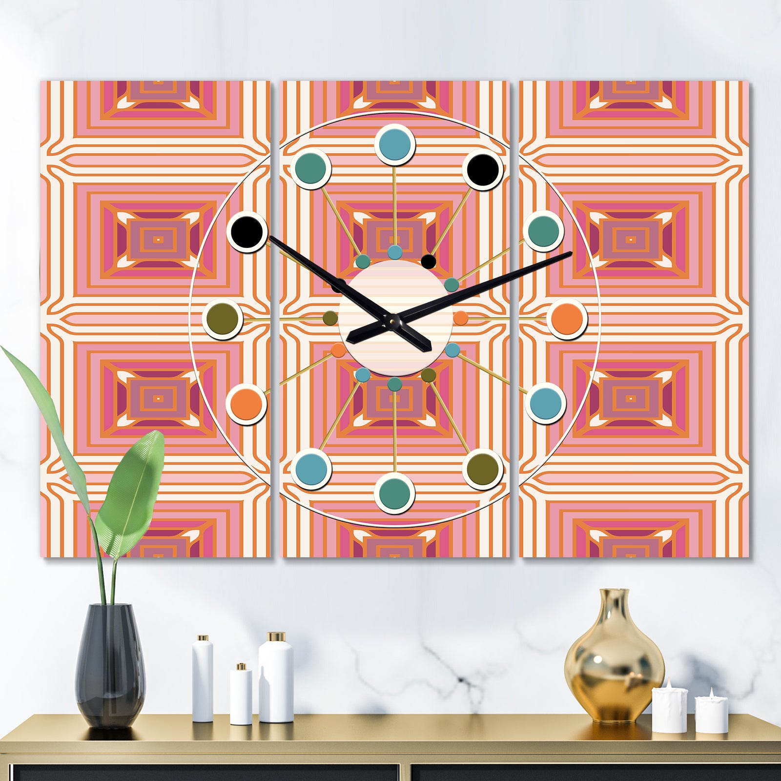 Geometric Retro Design II - Oversized Mid-Century wall clock - 3 Panels