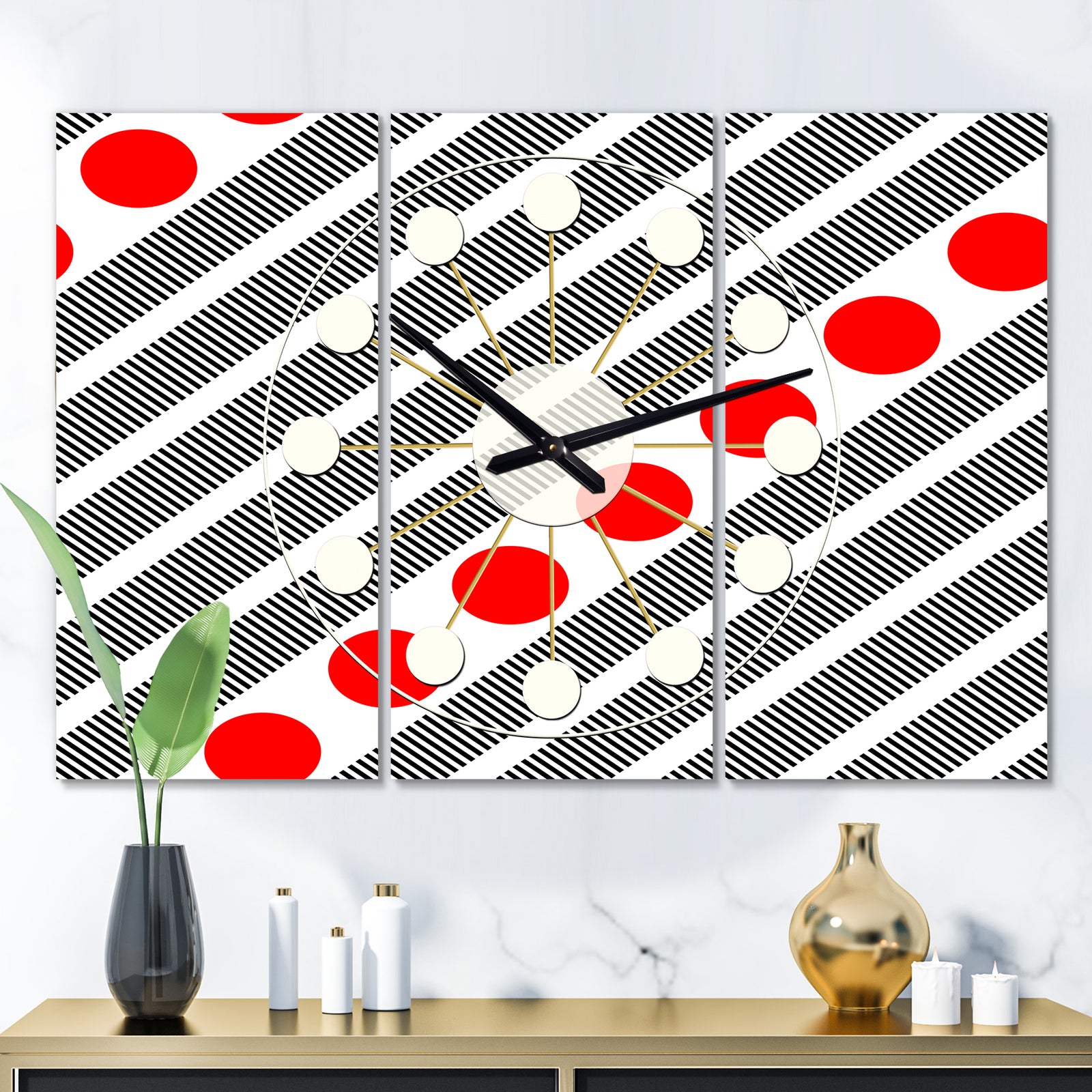 Retro Geometrical Abstract Minimal Pattern XI - Oversized Mid-Century wall clock - 3 Panels