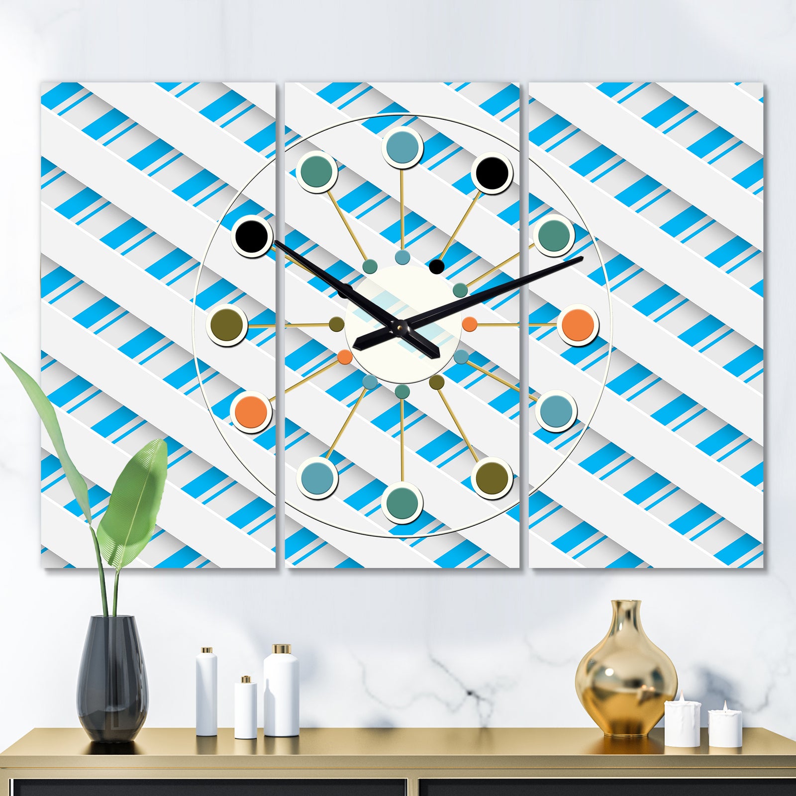 3D White and Blue Pattern VI - Oversized Mid-Century wall clock - 3 Panels