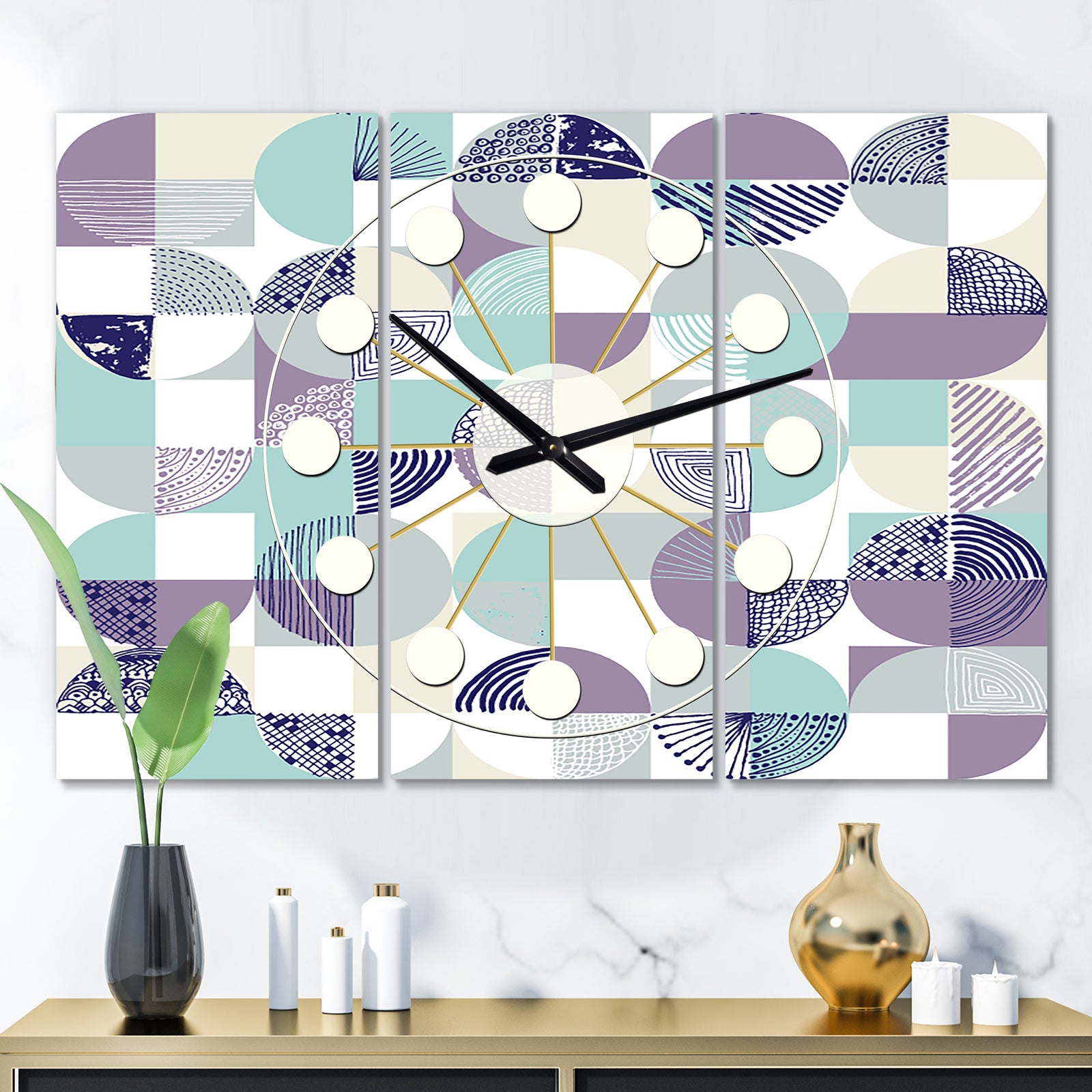 Retro Geometric  Design IV - Oversized Mid-Century wall clock - 3 Panels