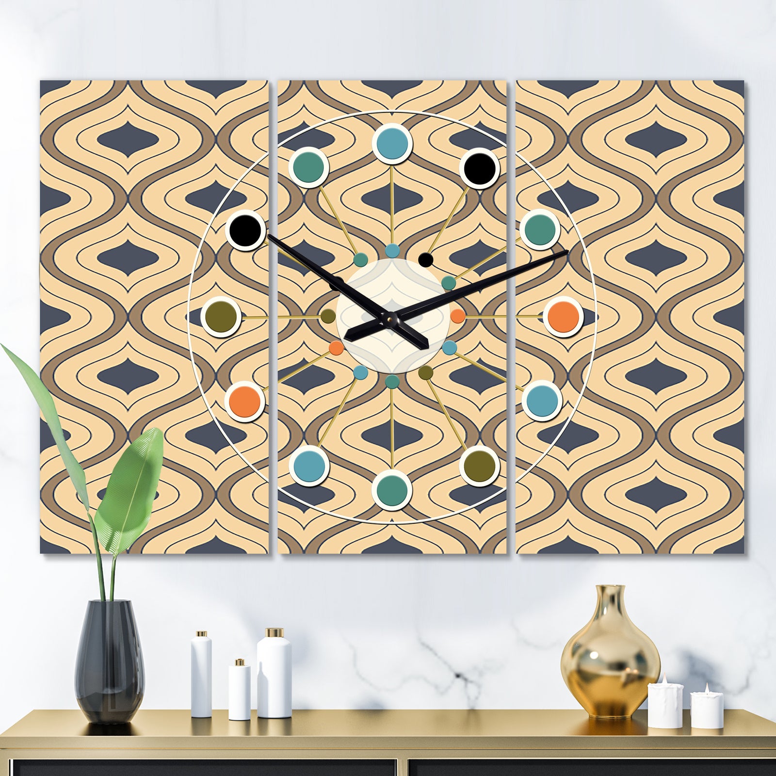 Retro Ornamental Design VII - Oversized Mid-Century wall clock - 3 Panels