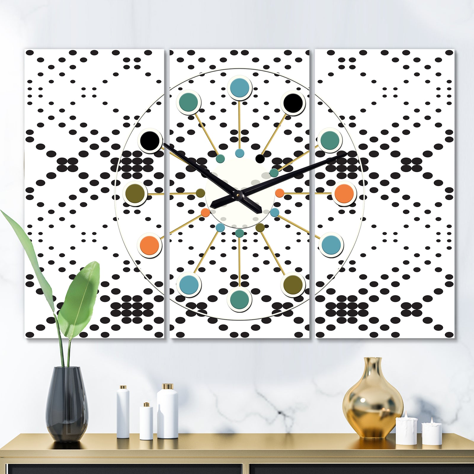 Retro Geometrical Abstract Minimal Pattern IX - Oversized Mid-Century wall clock - 3 Panels