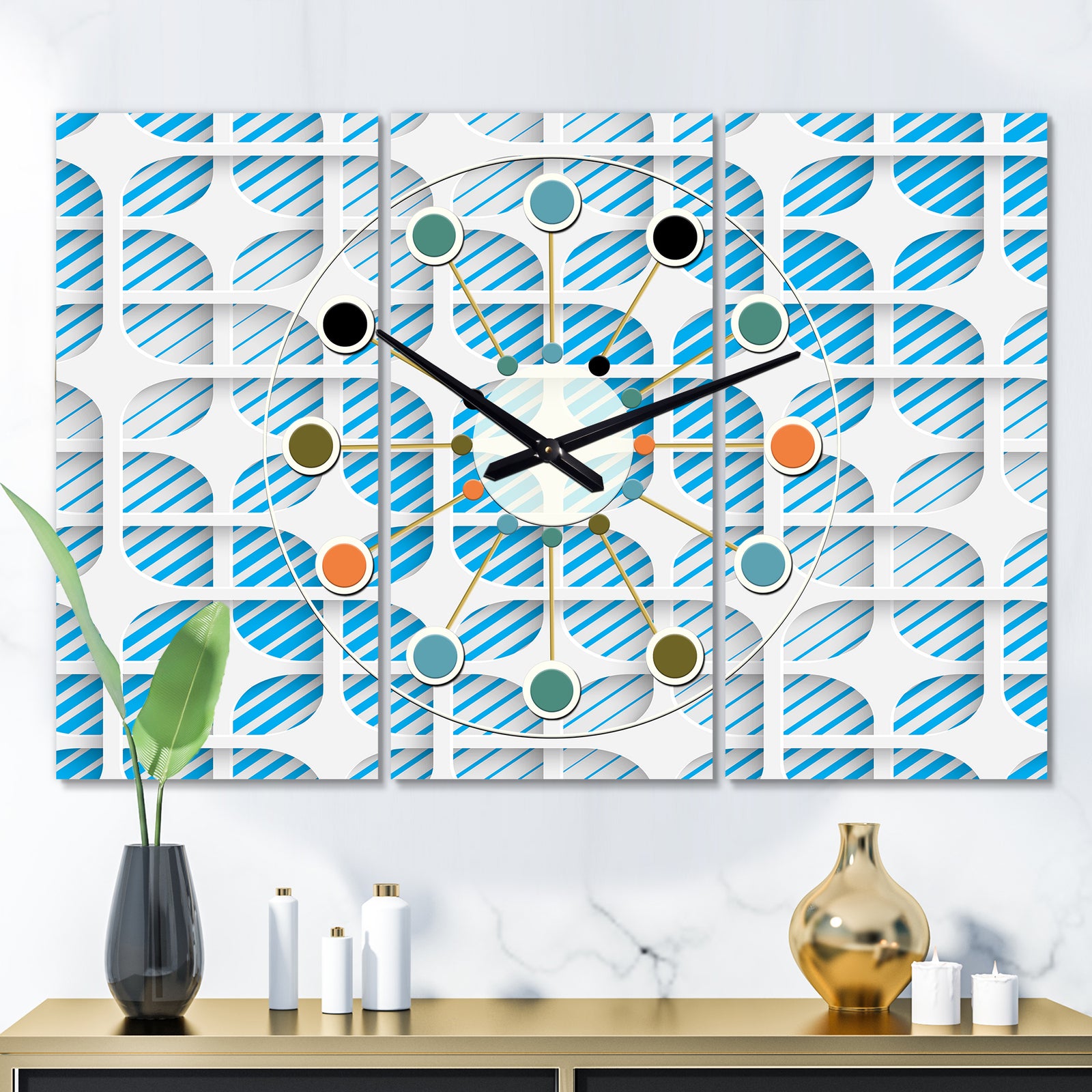3D White and Blue Pattern II - Oversized Mid-Century wall clock - 3 Panels