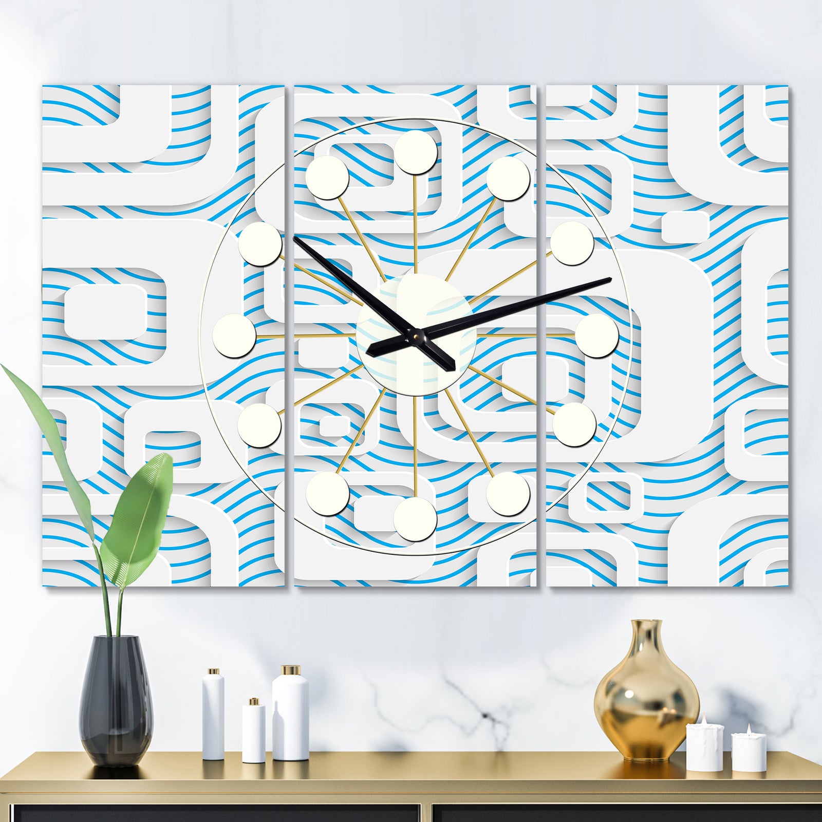 3D White and Blue Pattern I - Oversized Mid-Century wall clock - 3 Panels