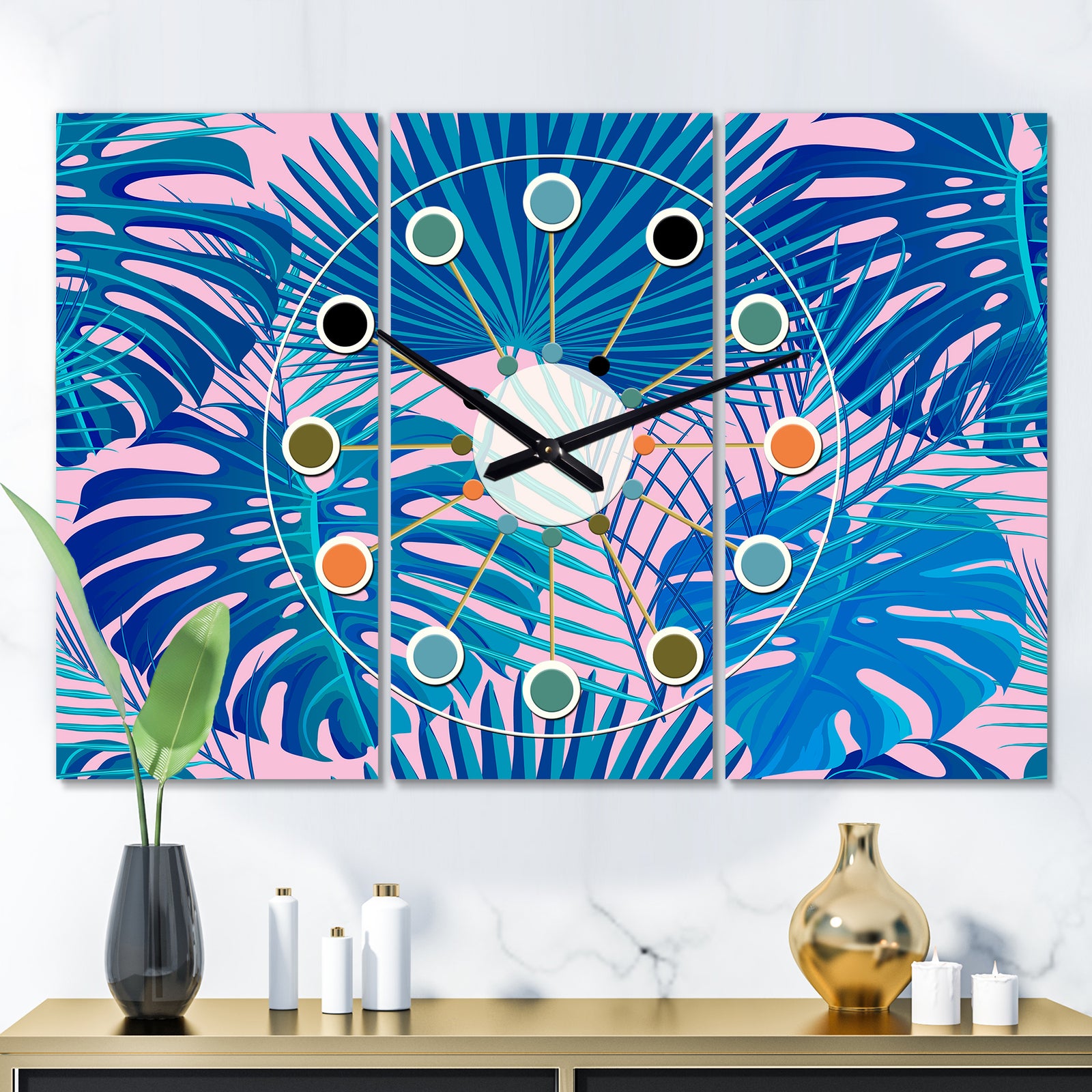 Retro Floral Pattern X - Oversized Mid-Century wall clock - 3 Panels