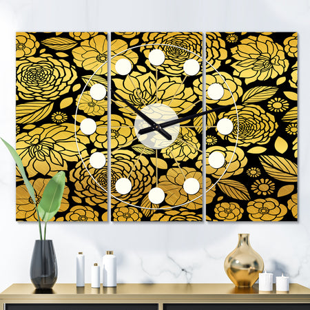 Golden Floral II - Oversized Mid-Century wall clock - 3 Panels