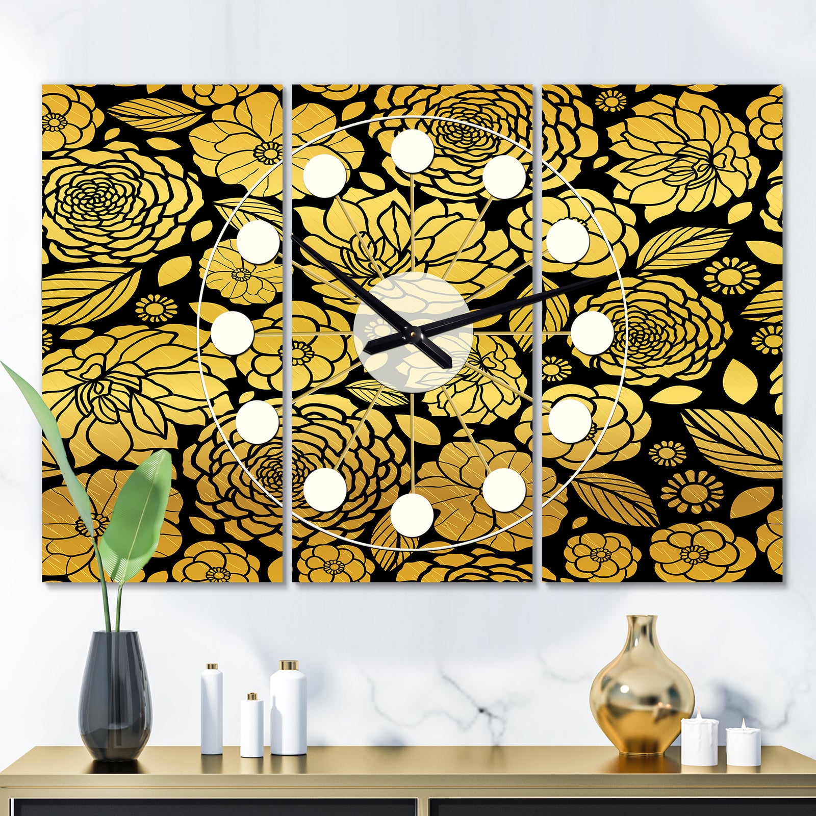 Golden Floral II - Oversized Mid-Century wall clock - 3 Panels