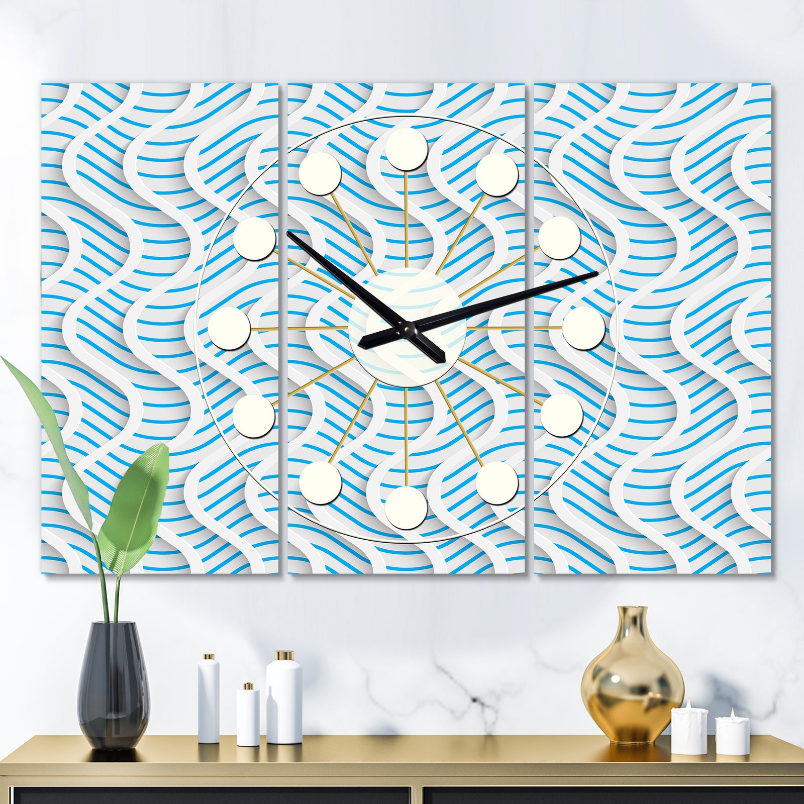 3D White and Light Blue Pattern II - Oversized Mid-Century wall clock - 3 Panels