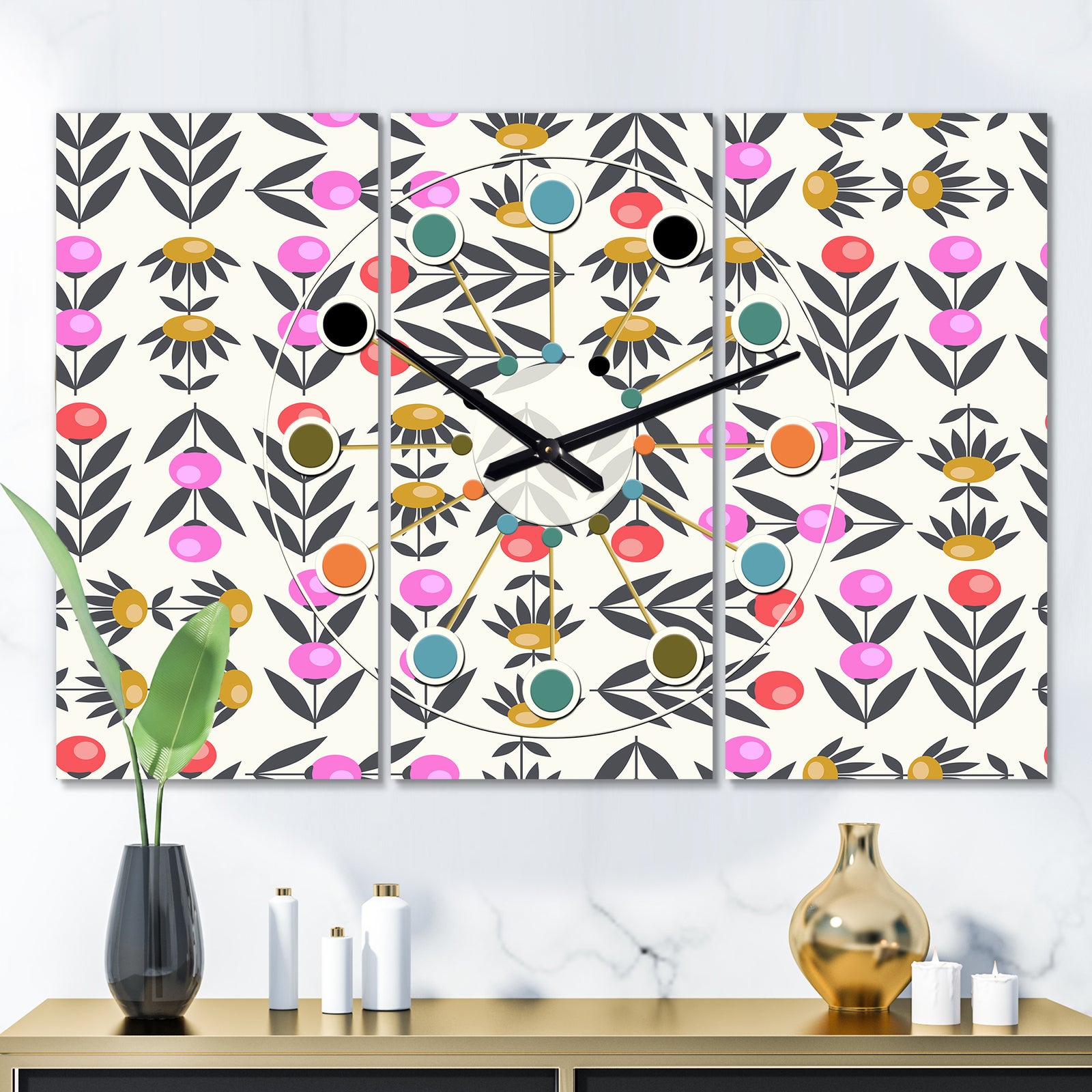 Retro Abstract Floral Design XI - Oversized Mid-Century wall clock - 3 Panels