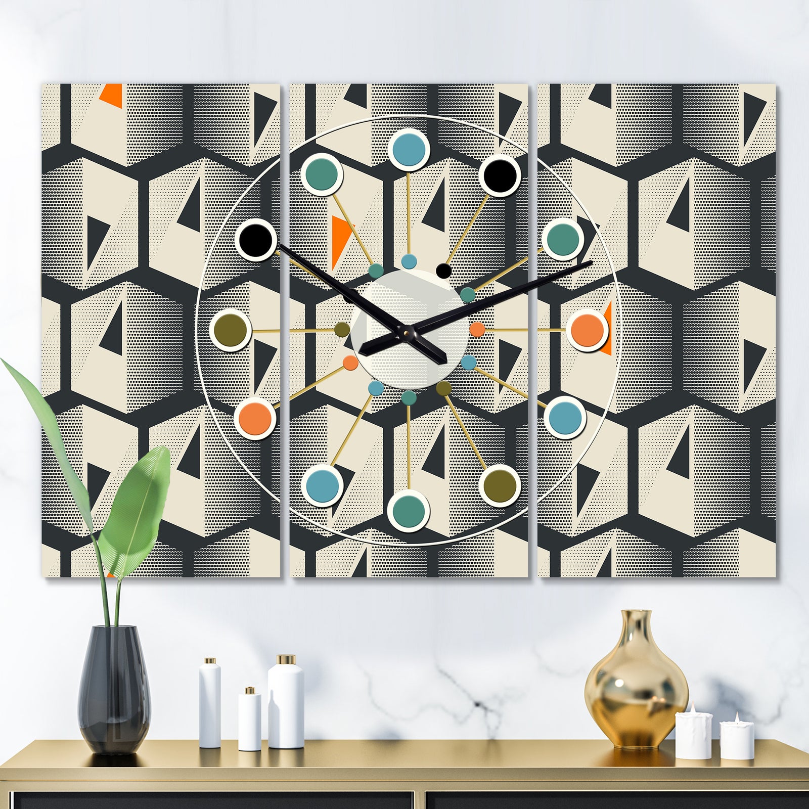 Abstract Retro Triangular Geometrics - Oversized Mid-Century wall clock - 3 Panels