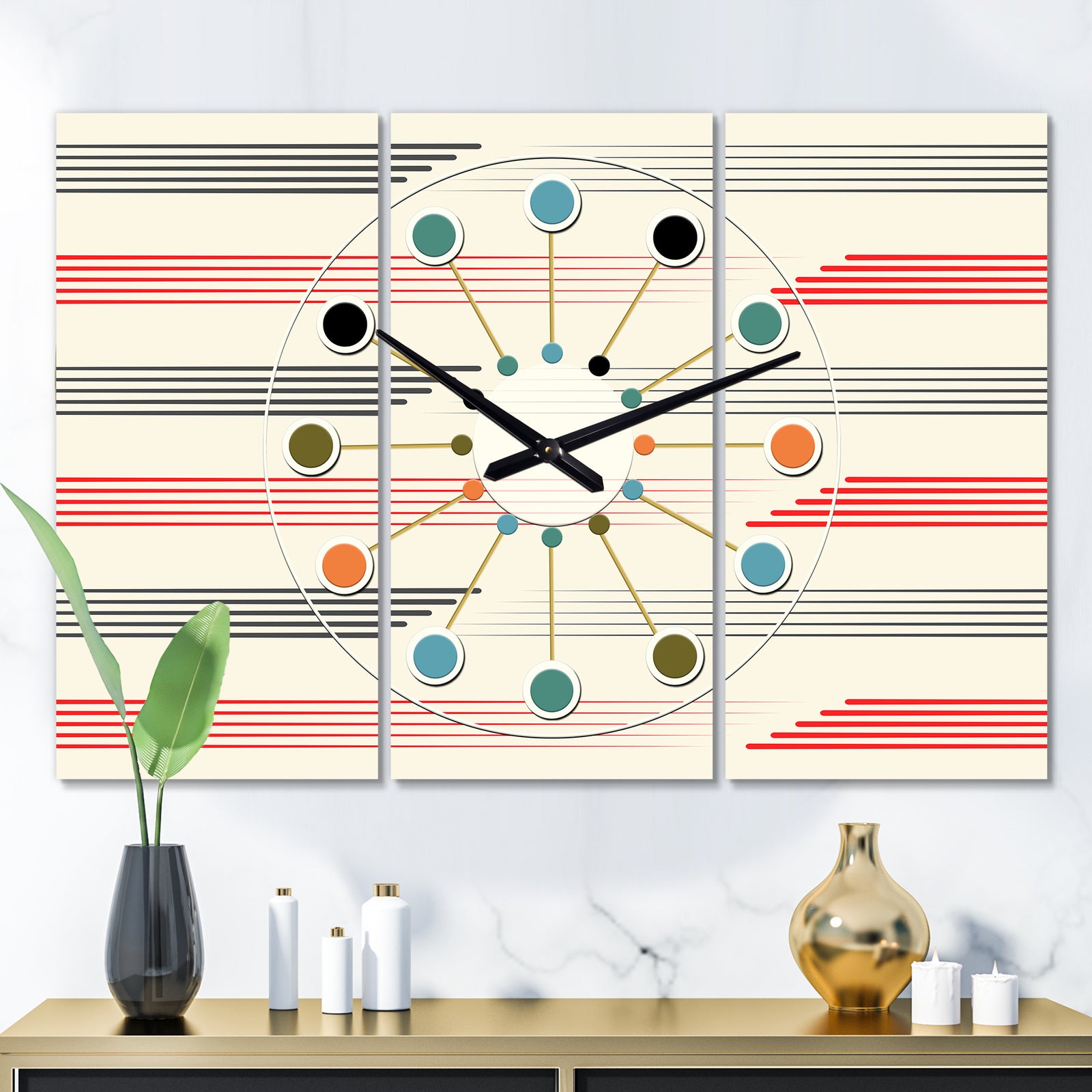 Horizontal Retro Geometrical Pattern I - Oversized Mid-Century wall clock - 3 Panels