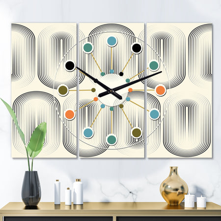 Retro Curved Minimal Geometric Ornament I - Oversized Mid-Century wall clock - 3 Panels