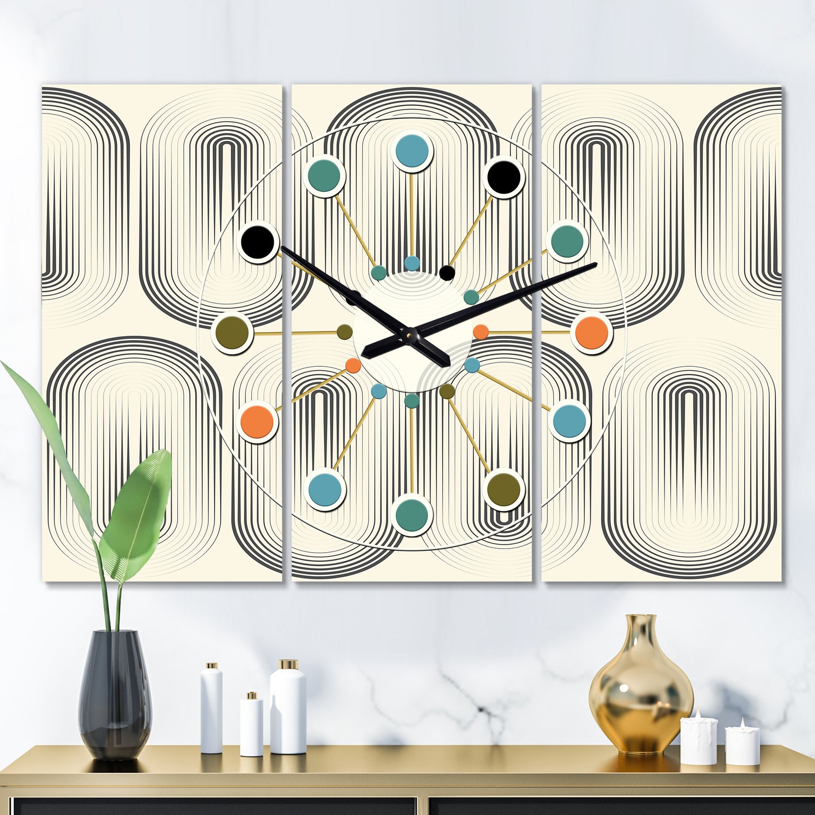 Retro Curved Minimal Geometric Ornament I - Oversized Mid-Century wall clock - 3 Panels