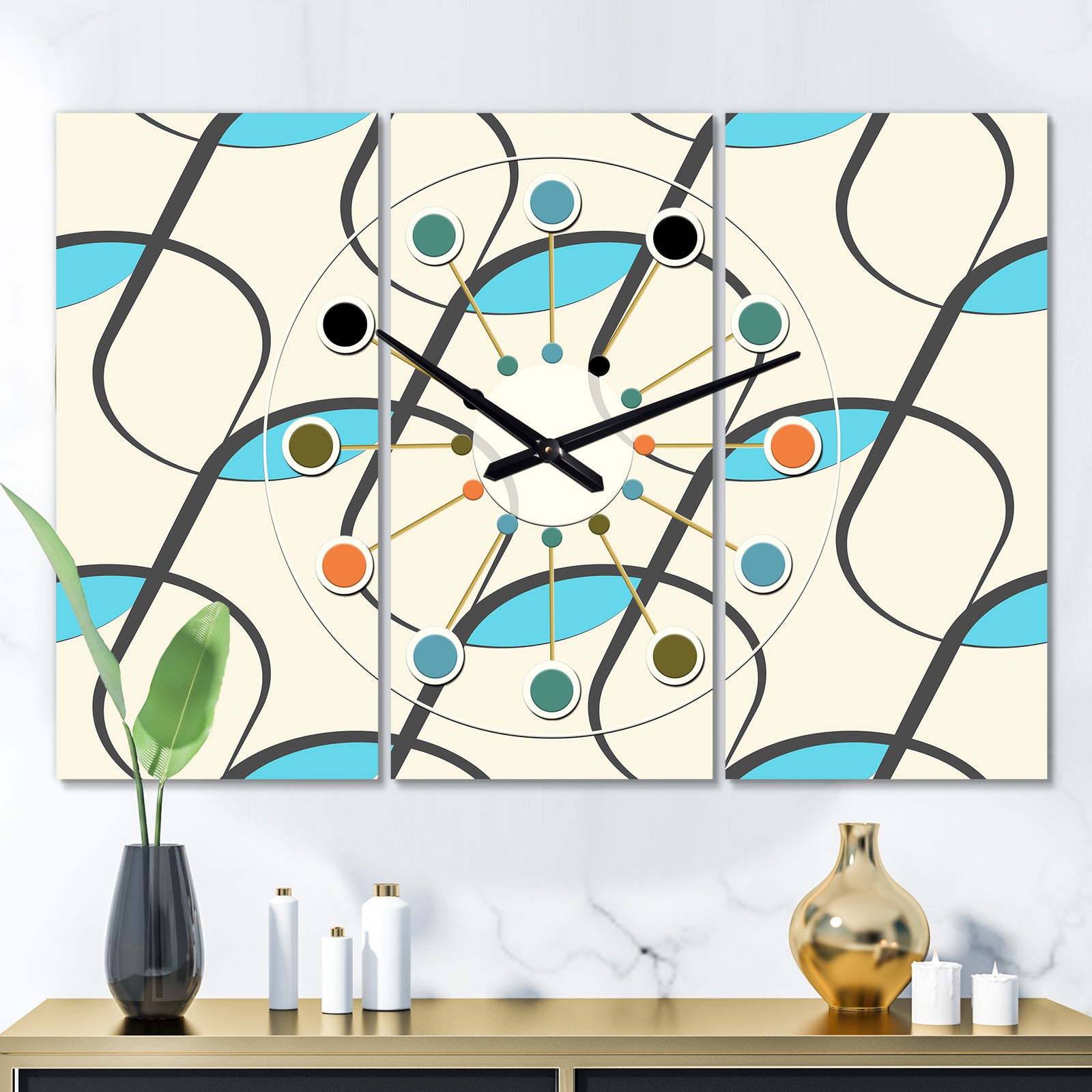 Retro Geometrical Abstract Minimal Pattern I - Oversized Mid-Century wall clock - 3 Panels