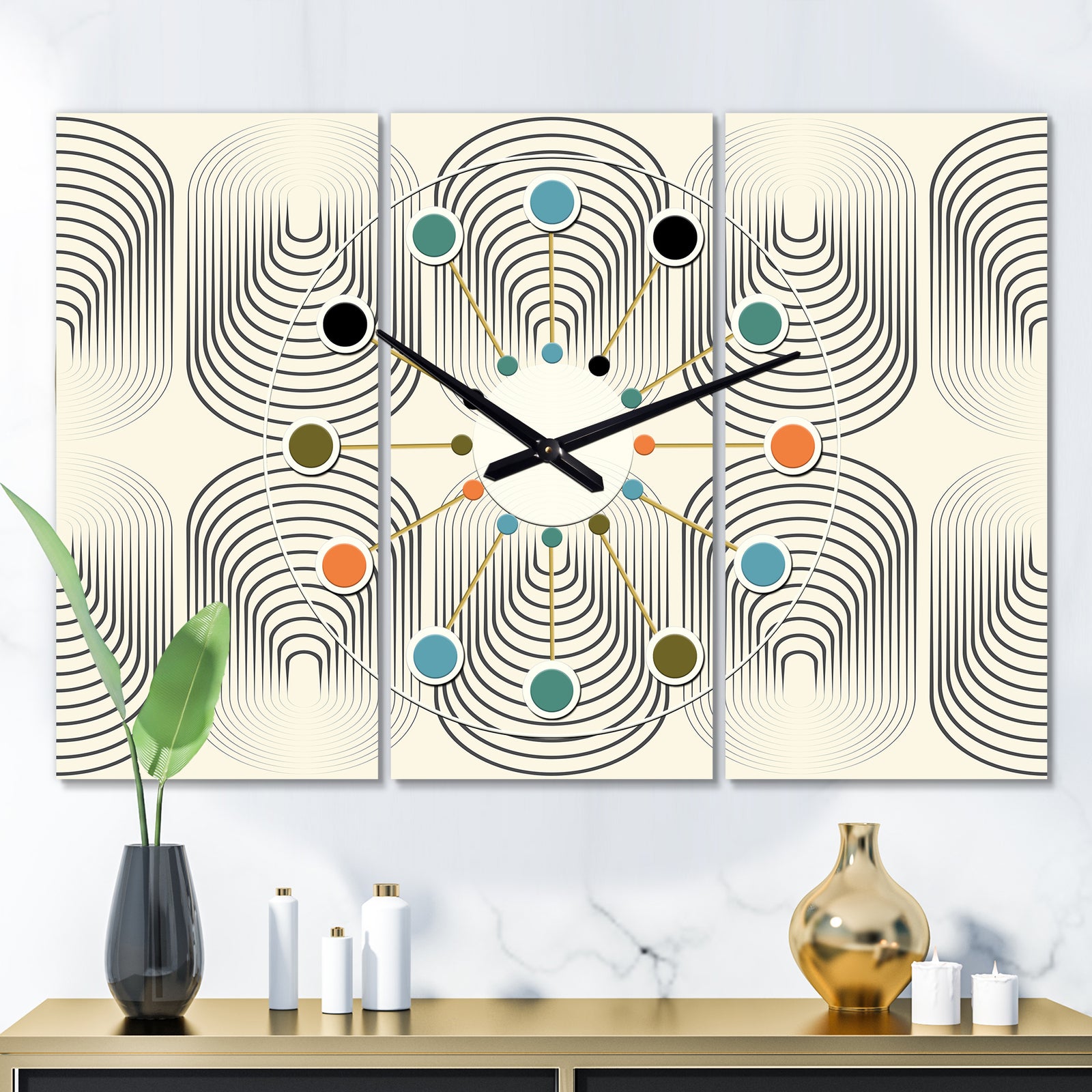Monochrome Geometric Pattern X - Oversized Mid-Century wall clock - 3 Panels