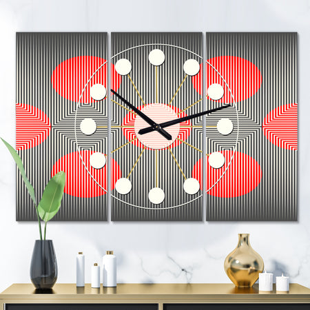Modern Circle and Line Geometric Pattern - Oversized Mid-Century wall clock - 3 Panels