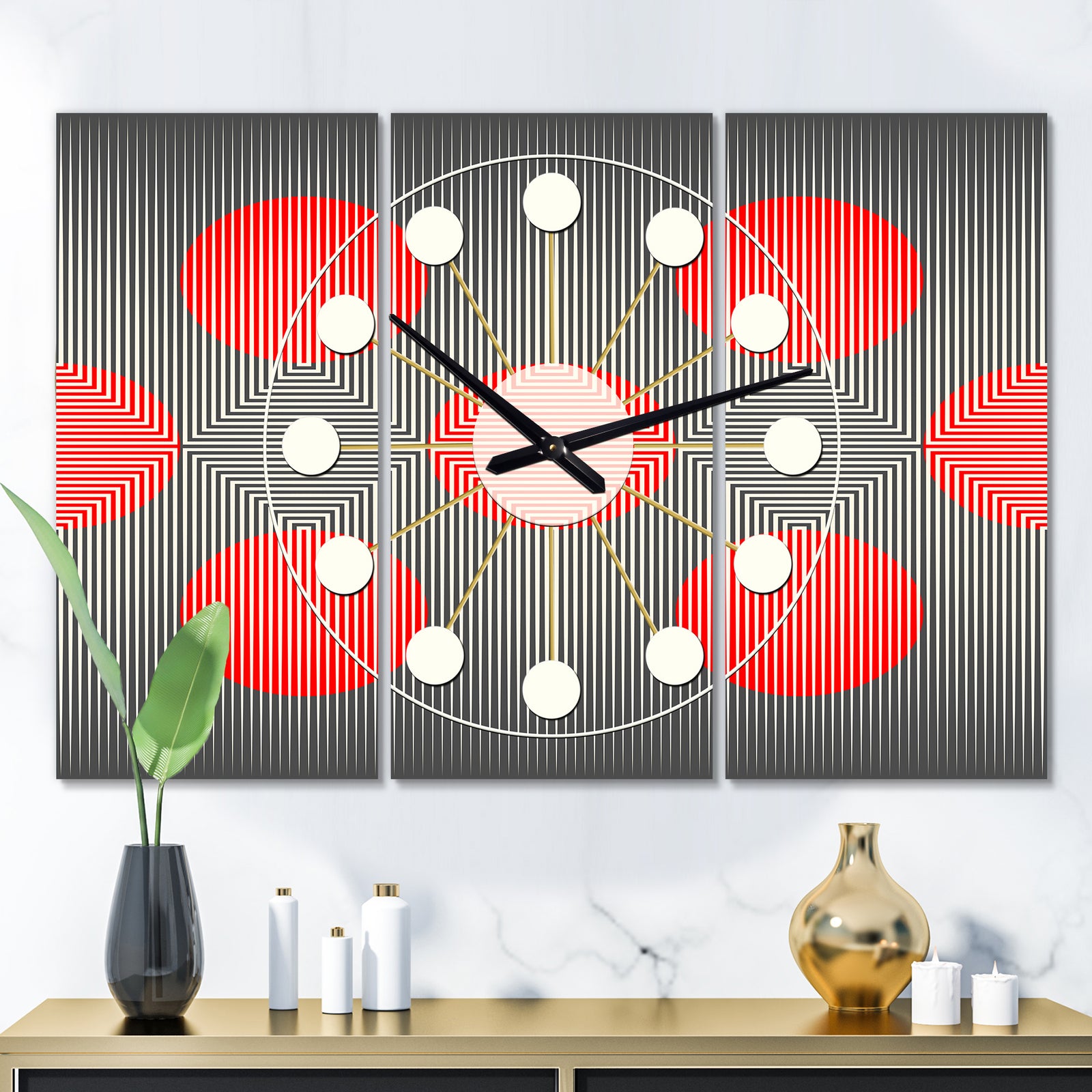 Modern Circle and Line Geometric Pattern - Oversized Mid-Century wall clock - 3 Panels