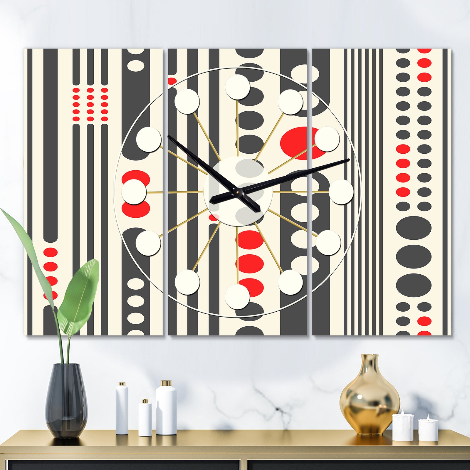Retro Geometrical Abstract Minimal Pattern II - Oversized Mid-Century wall clock - 3 Panels
