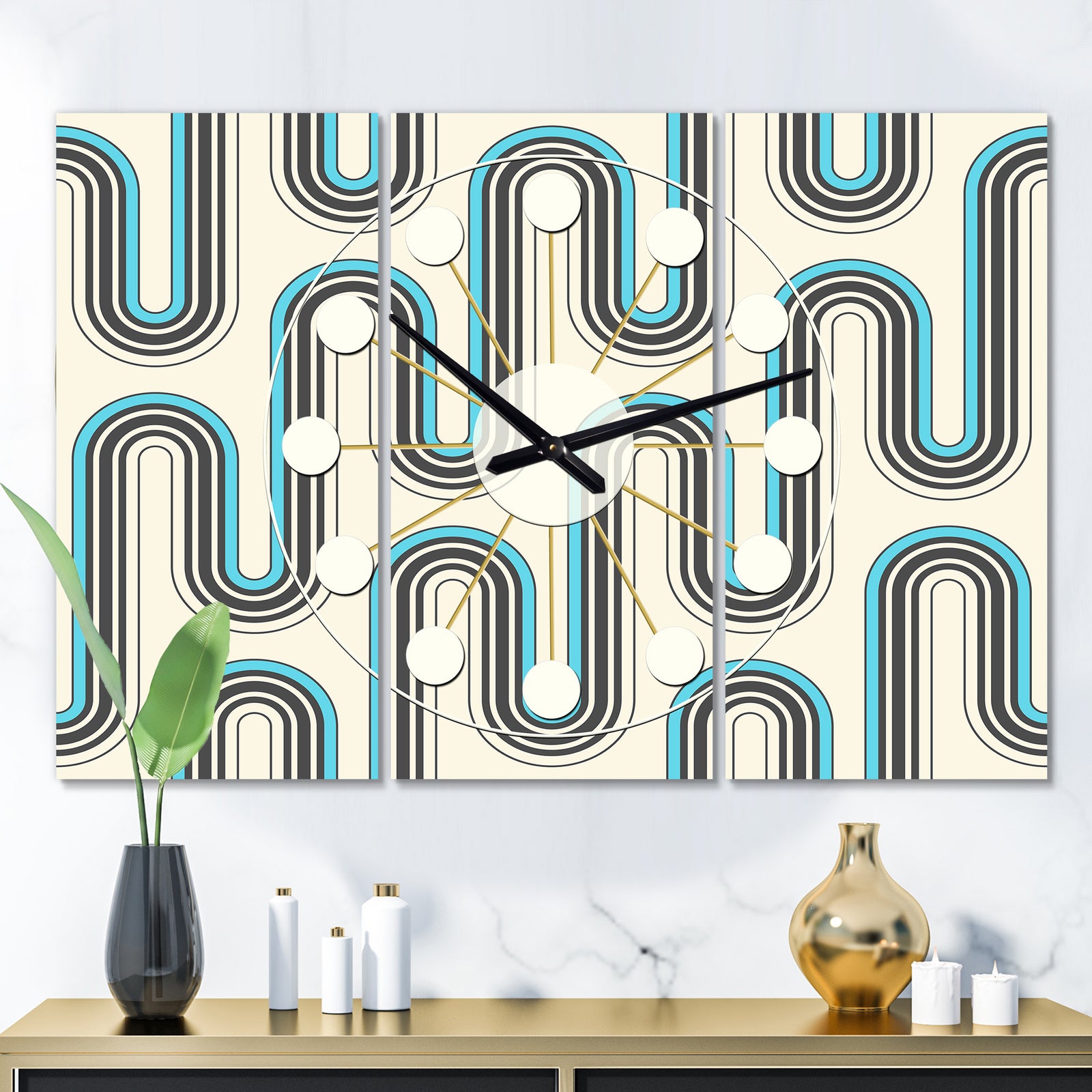 Retro Geometrical Abstract Minimal Pattern IV - Oversized Mid-Century wall clock - 3 Panels