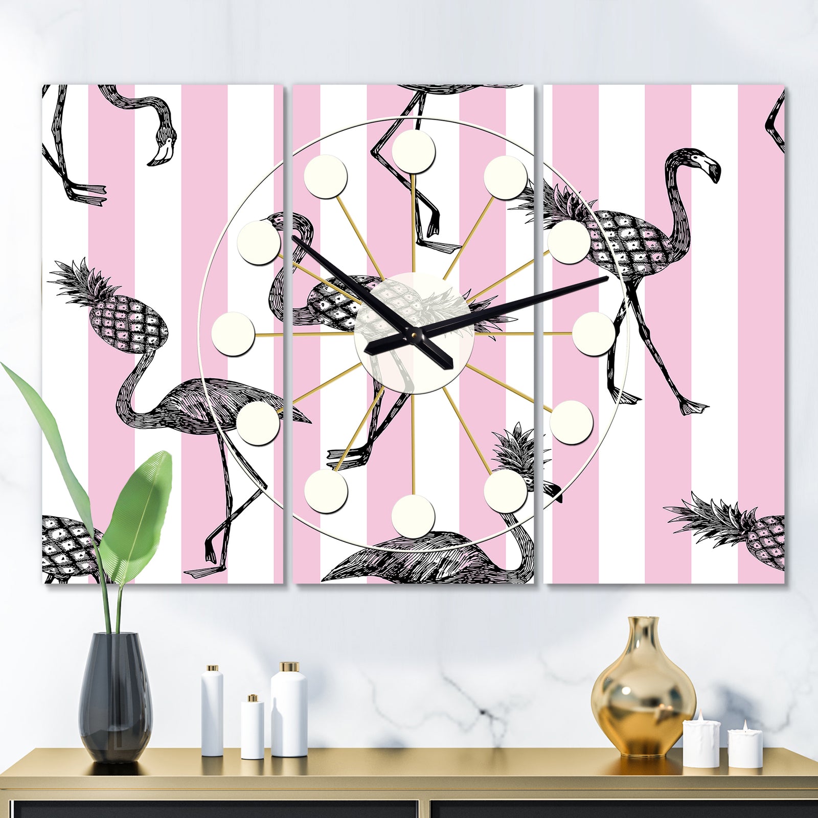 Flamingo on Pink - Oversized Mid-Century wall clock - 3 Panels