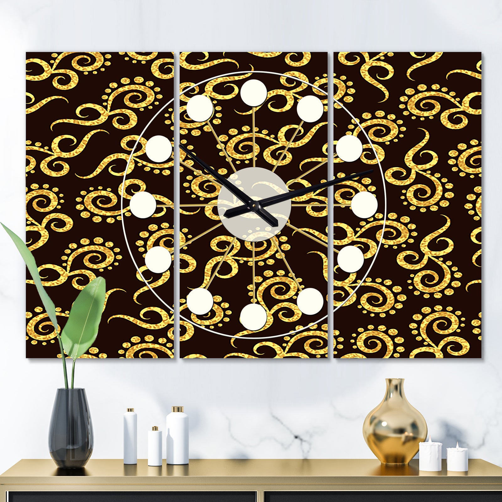 Gold and Black Swirl II - Oversized Mid-Century wall clock - 3 Panels