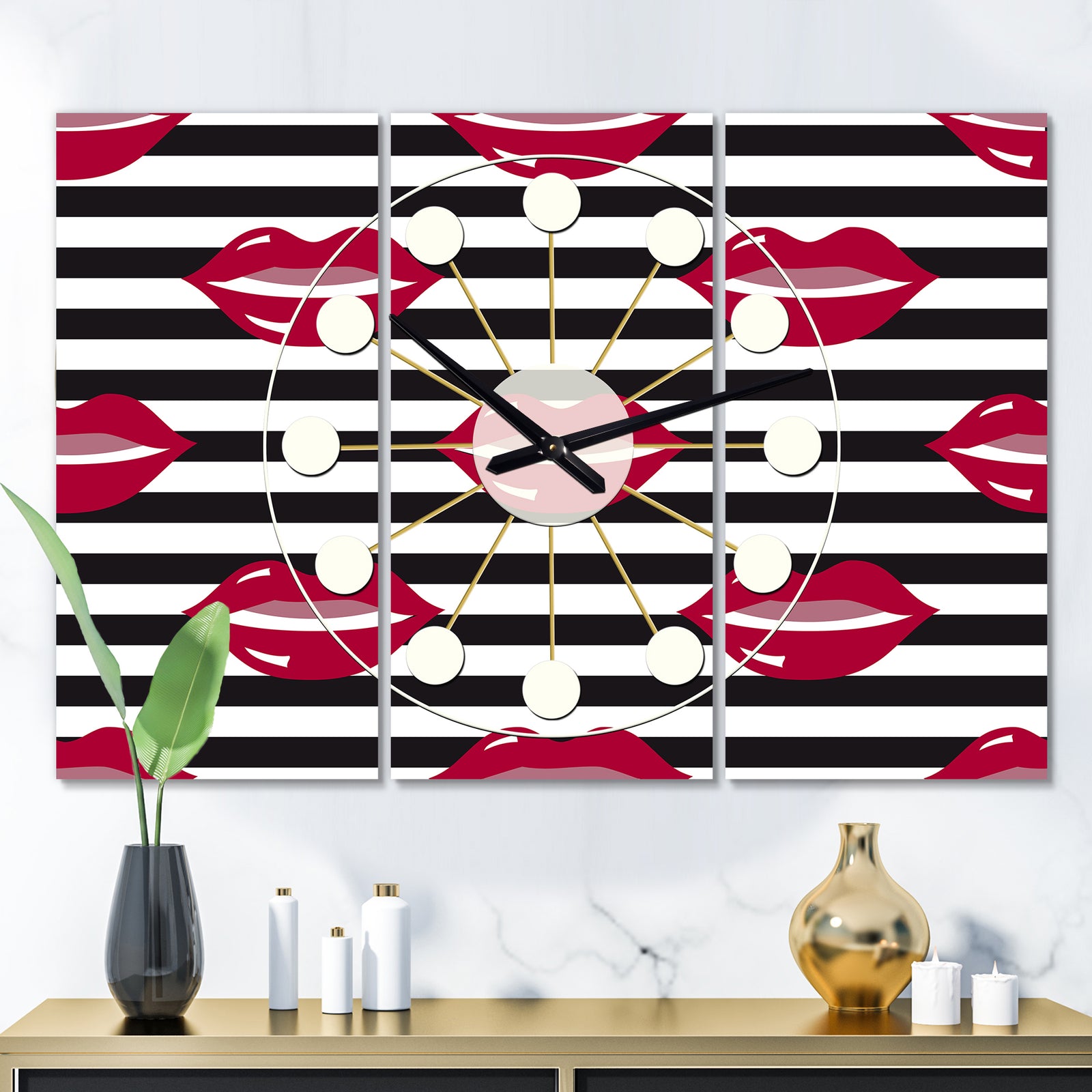 Red Lips Fashion Pattern - Oversized Mid-Century wall clock - 3 Panels
