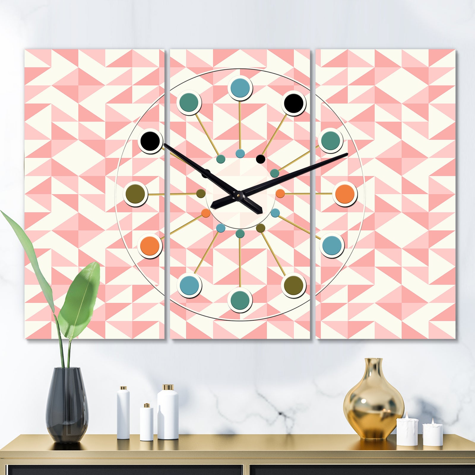 Abstract geometric pattern, patchwork quilting - Oversized Mid-Century wall clock - 3 Panels