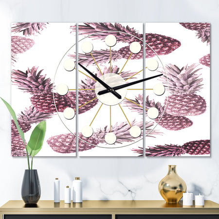 Pineapple Summer Bliss III - Oversized Mid-Century wall clock - 3 Panels