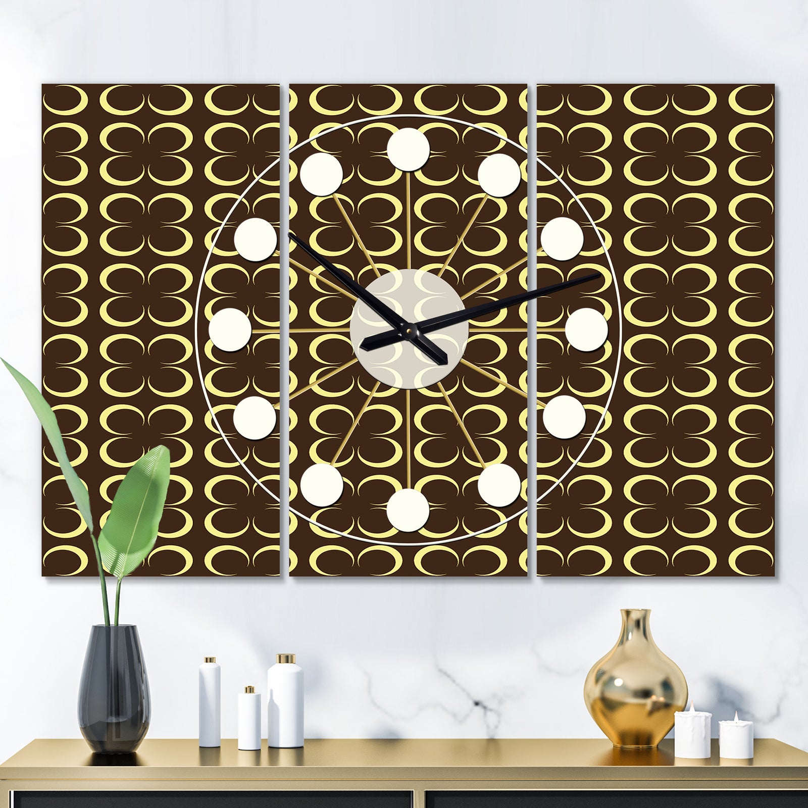 Floral Retro Pattern II - Oversized Mid-Century wall clock - 3 Panels
