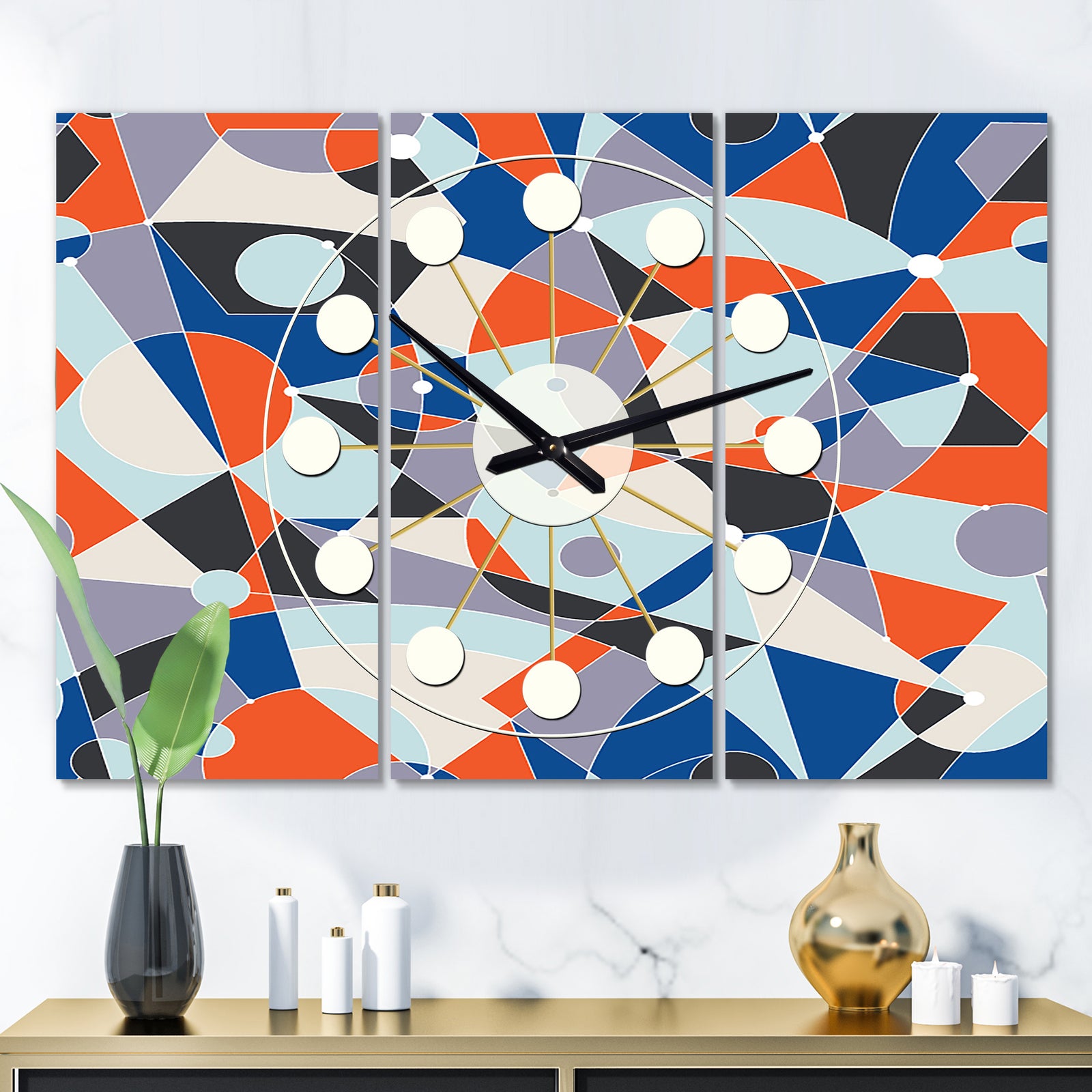Retro Geometric Grid IV - Oversized Mid-Century wall clock - 3 Panels