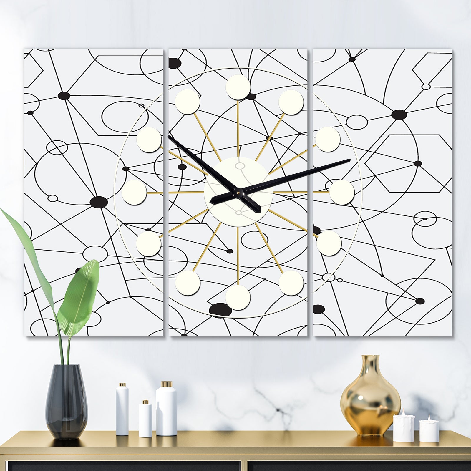 Retro Geometric Grid III - Oversized Mid-Century wall clock - 3 Panels