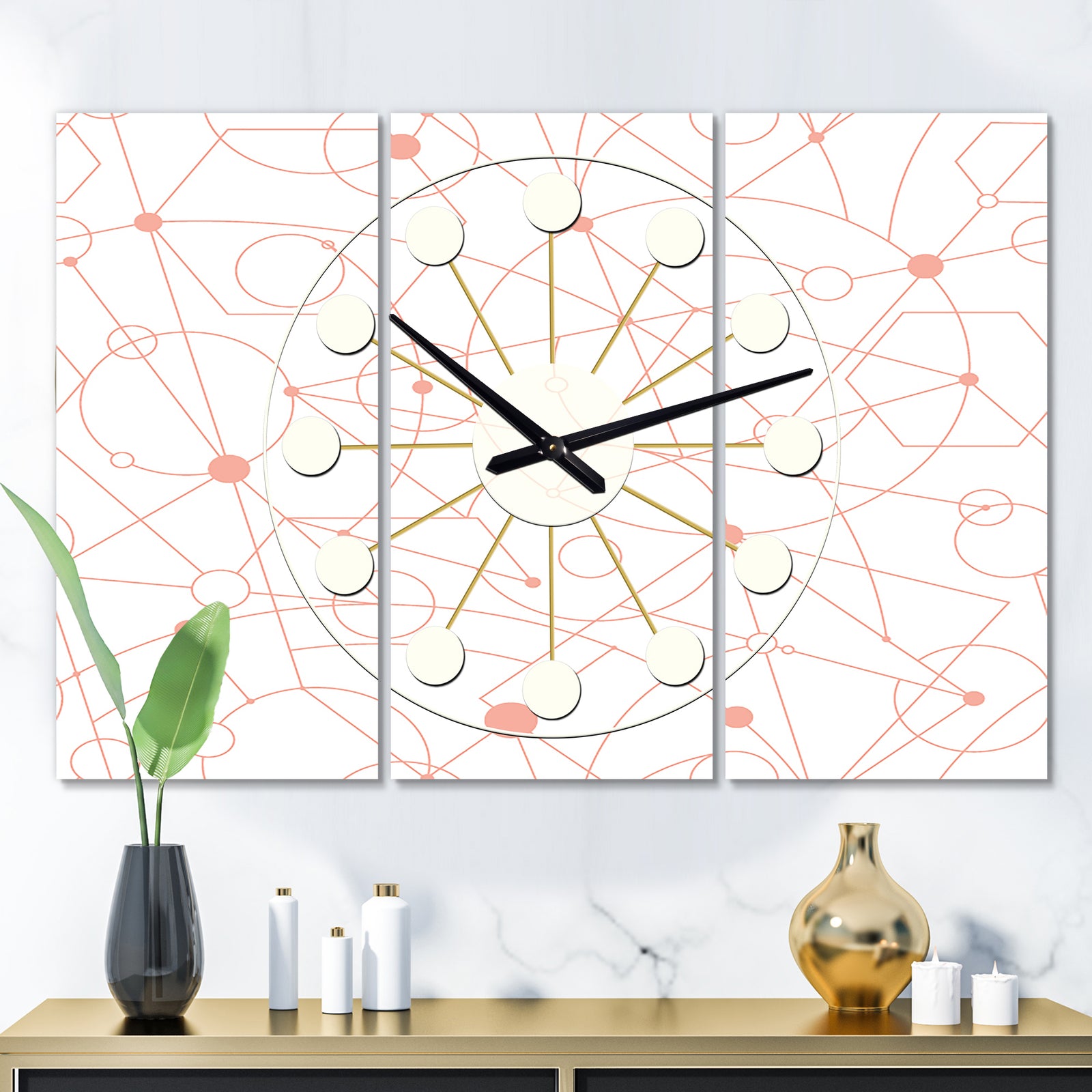 Retro Geometric Grid II - Oversized Mid-Century wall clock - 3 Panels
